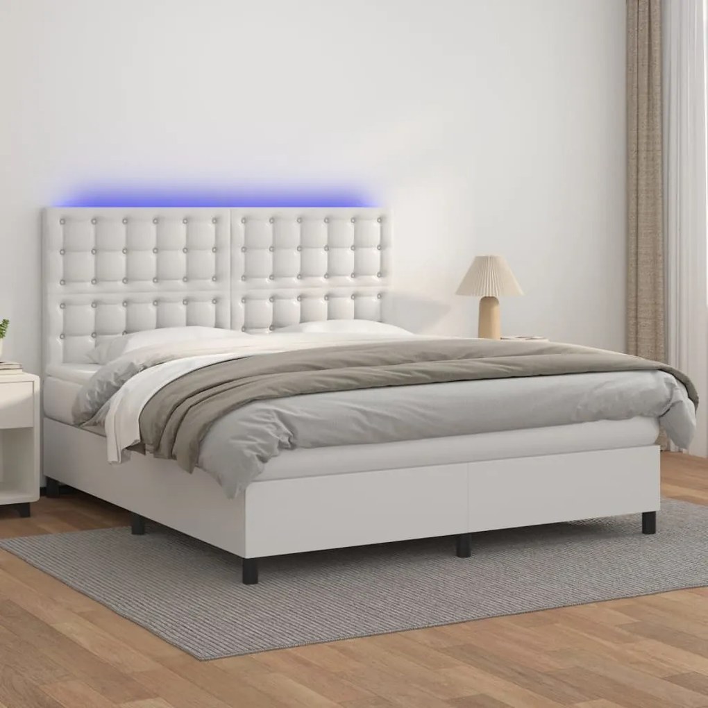 Cama box spring c/colchão/LED 180x200cm couro artificial branco