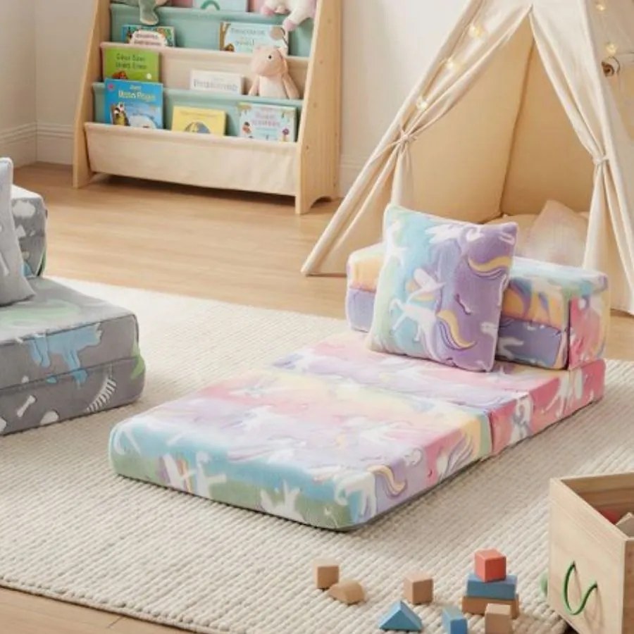 Sofá-cama para crianças dobrável 3 em 1 com capas laváveis com fecho e almofada adicional Bonitos desenhos de unicórnios multicoloridos