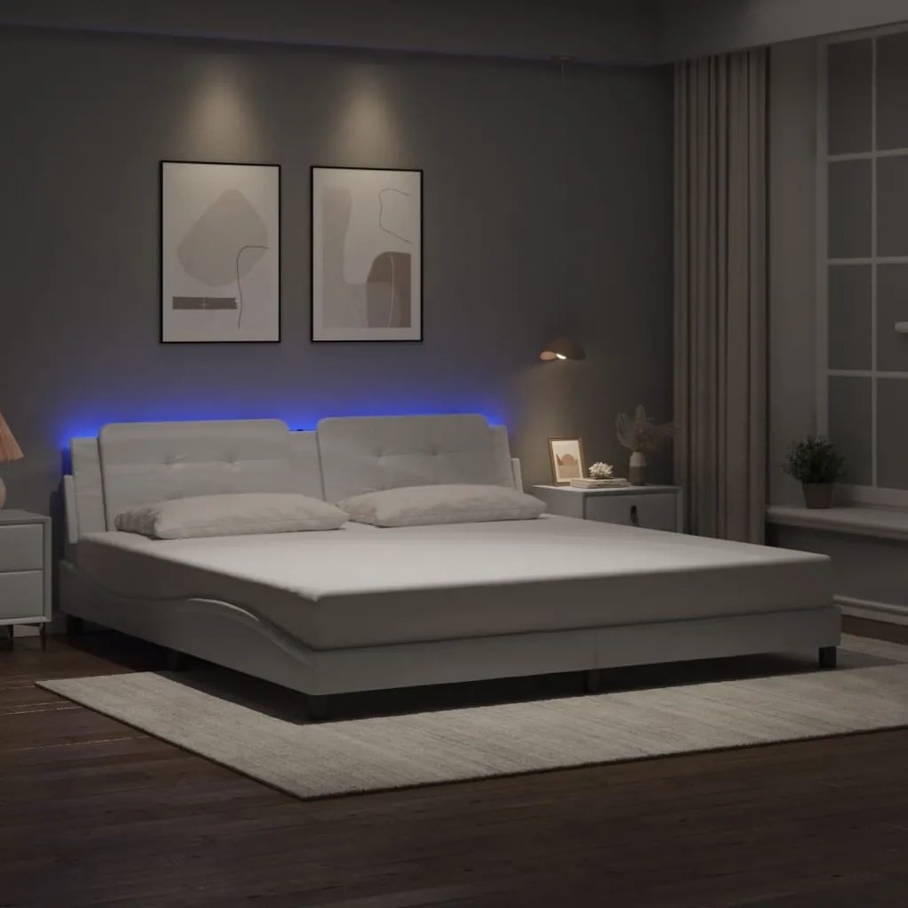vidaXL Estrutura cama c/ luzes LED 200x200 cm couro artificial branco