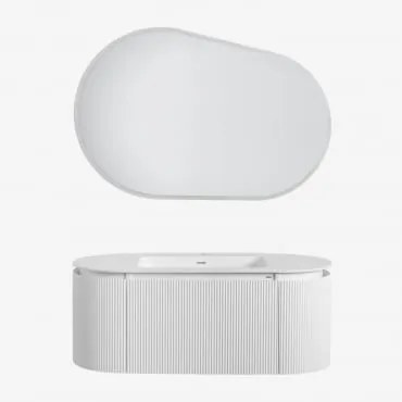 Conjunto De Móveis De Casa De Banho Em Madeira Com Lavatório Integrado Carsone Branco & Sem Unidade Auxiliar & Oval Led E Anti-embaciamento - Sklum