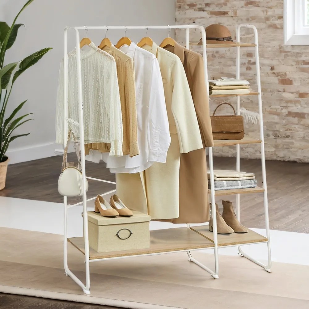 Guarda roupa com 5 prateleiras, 6 ganchos laterais para quarto 45 x 120 x 160 cm cor carvalho-branco