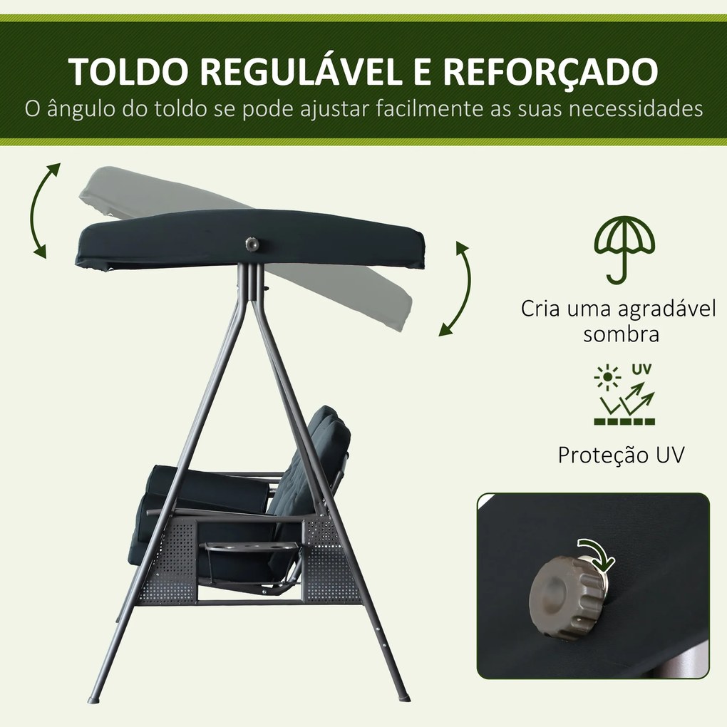 Banco Baloiço de Jardim de 3 Lugares com Teto 2 Almofadas Suporte para Bebidas 207x120,5x174 cm Preto