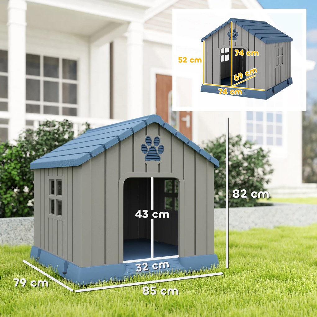 Compartimento aberto para cães de exterior, com aberturas de ventilação e piso elevado, 85 x 79 x 82 cm, azul