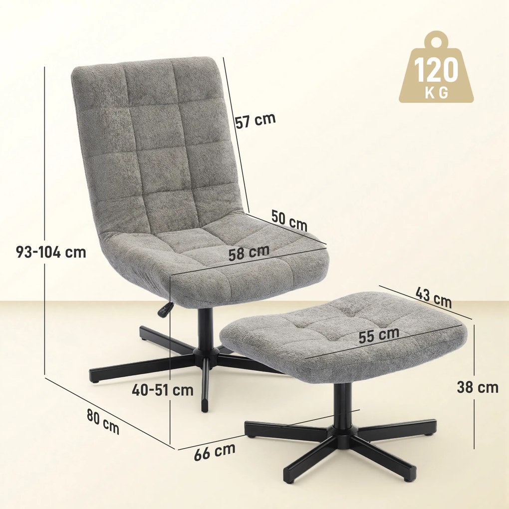 Poltrona de sala com apoio para os pés, cadeira giratória, altura ajustável, encosto reclinável, 66 x 80 x 93-104 cm, cinzenta
