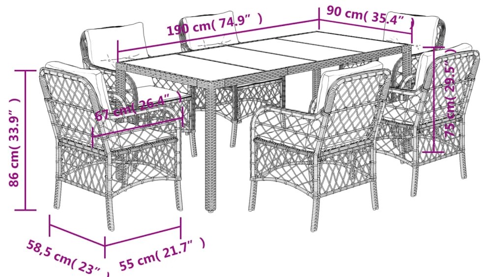 7 pcs conjunto de jantar p/ jardim c/ almofadões vime PE cinza