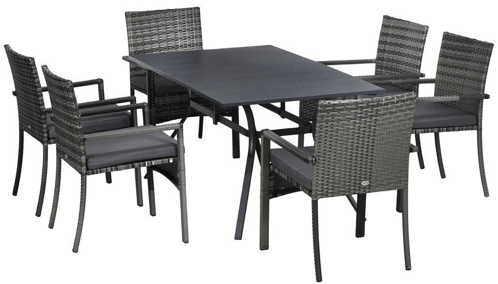 Outsunny Conjunto de Refeição de Jardim em Vime Sintético Conjunto de 7 Peças Inclui 6 Cadeiras com Almofadas e Mesa de Metal Cinza