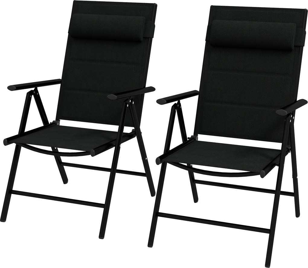 Conjunto de 2 cadeiras dobráveis de jardim com apoio para a cabeça, braços e estrutura em alumínio 54 x 67 x 108 cm, pretas