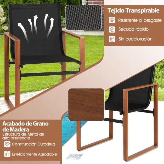 Conjunto de 2 cadeiras de jantar de jardim com encosto e apoios de braços em tecido Preto