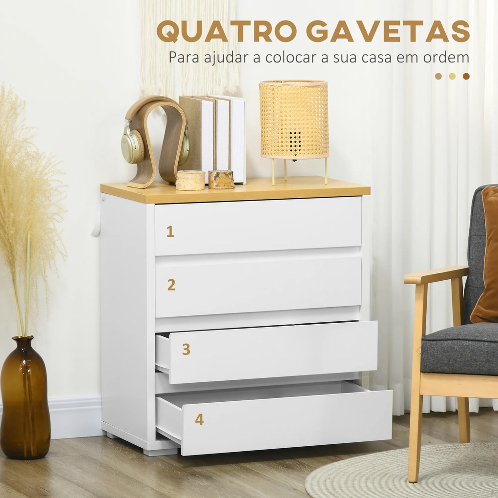 HOMCOM Cómoda Moderna com 4 Gavetas Cómoda de Madeira para Dormitório Sala de Estar Carga Máxima 40 kg 70x37x75 cm Branco e Madeira