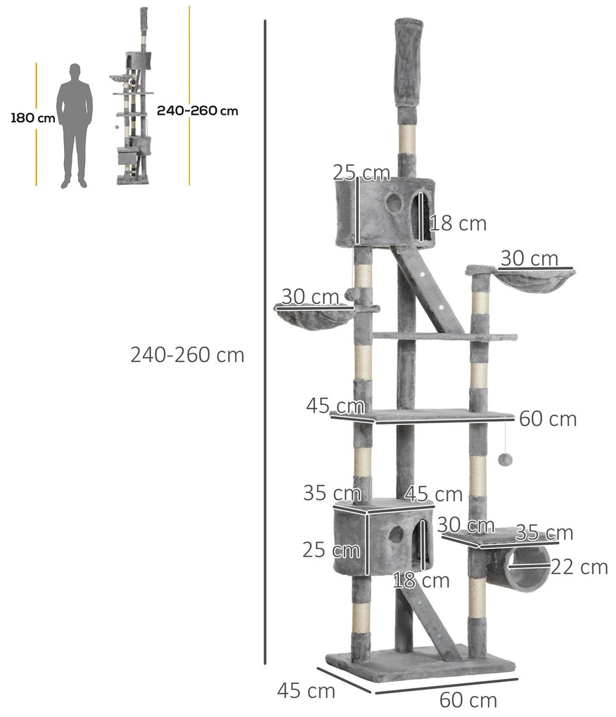 PawHut Arranhador para Gatos do Chão ao Teto de 240-260 cm Arranhador