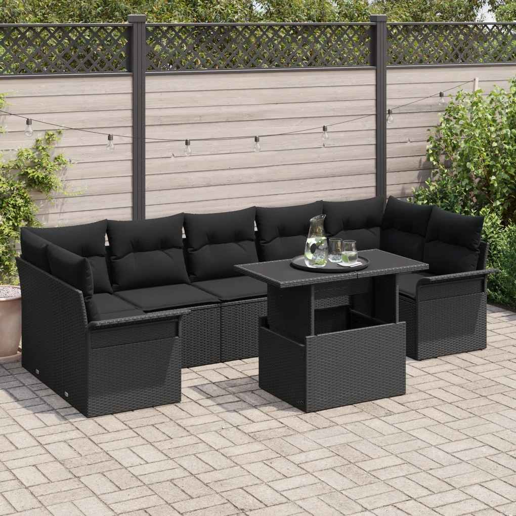 vidaXL Conjunto de Sofá de Jardim de 8 Peças com Almofadas Preto de Vime