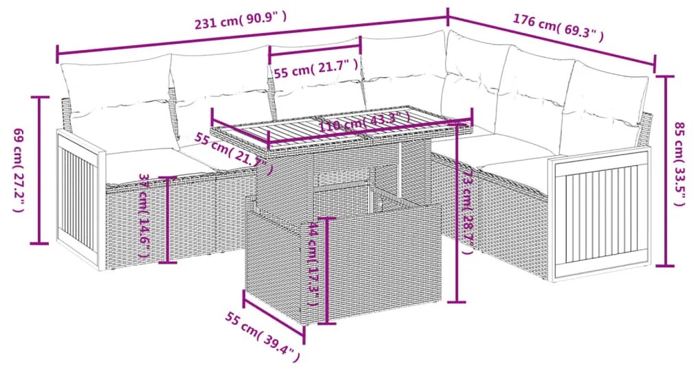 7 pcs conjunto de sofás p/ jardim com almofadões vime PE bege