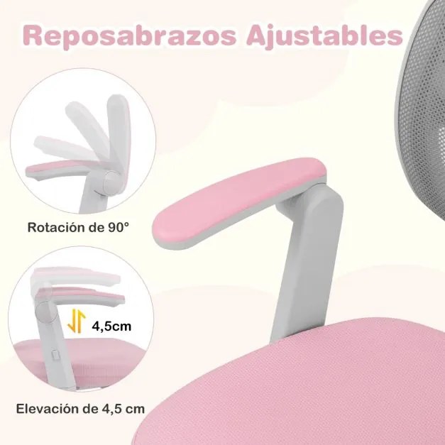 Cadeira de escritório para crianças com apoios de braços, apoio para os pés e rodas universais com altura ajustável 57 x 55 x 80-91 cm Rosa