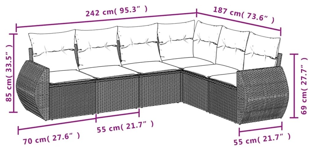 6 pcs conjunto de sofás jardim c/ almofadões vime PE castanho