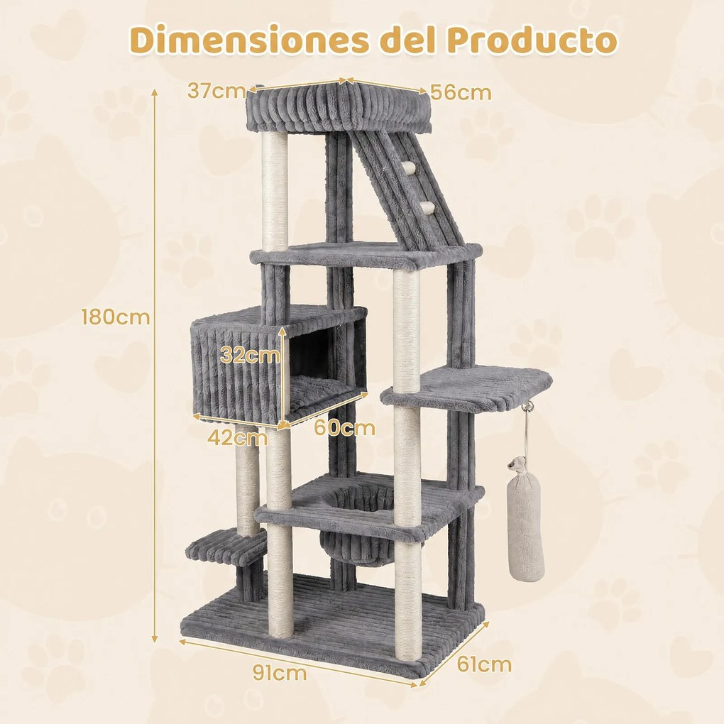 Árvore para Gatos Multinível, 91 x 61 x 180 cm, Base Ampla Antitombamento, Cinzento