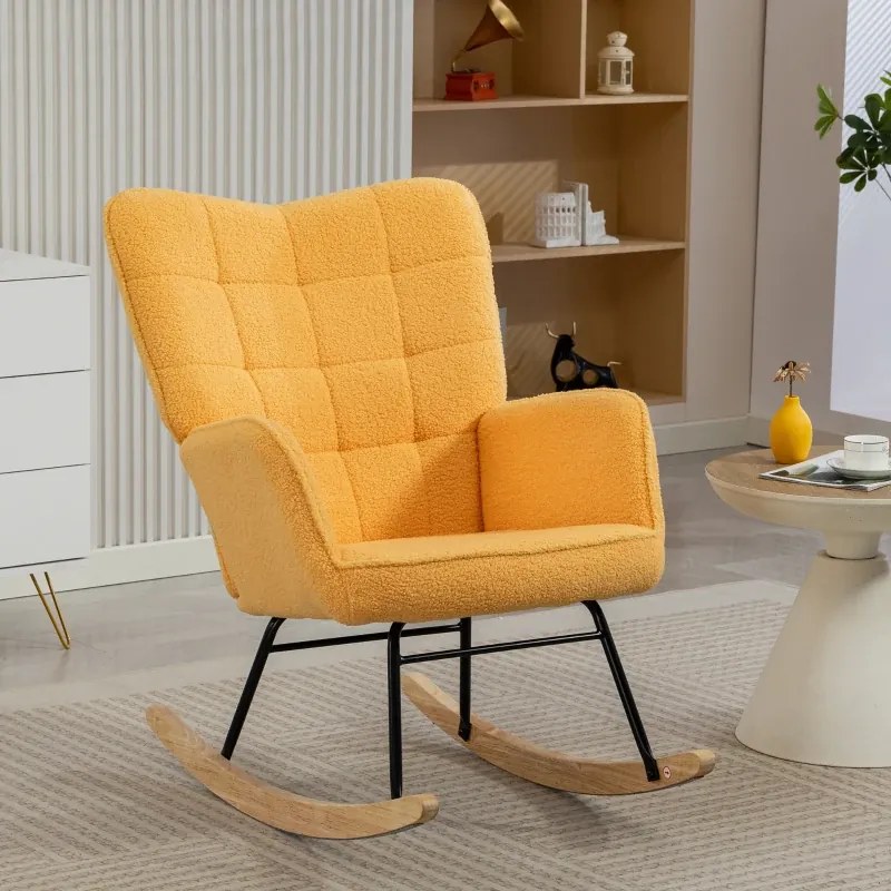 Cadeira Baloiço em Borrego com Oscilação de 40° Pés de Madeira de Faia e Estrutura de Aço 71x98x101 cm Amarelo