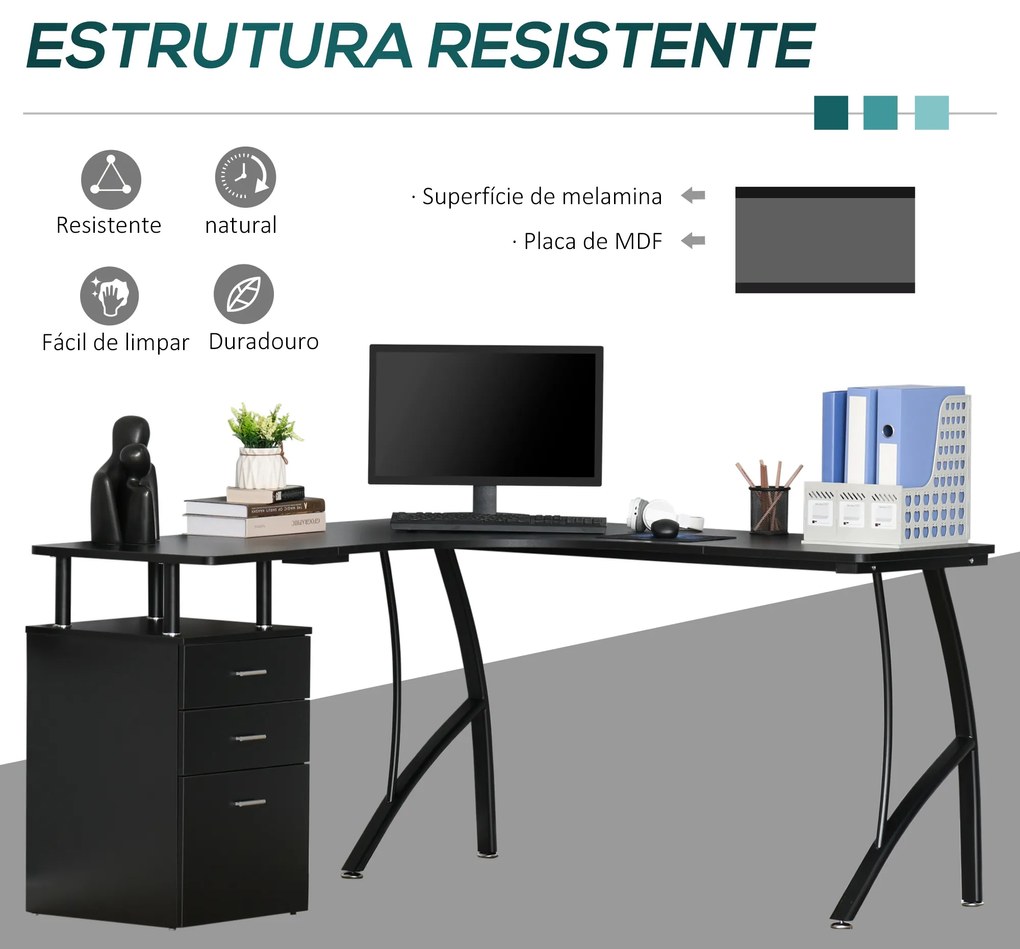 Secretária de Canto para Computador Mesa em Formato de L com 3 Gavetas Mesa Moderna para Escritório 143,5x143,5x76cm Preto