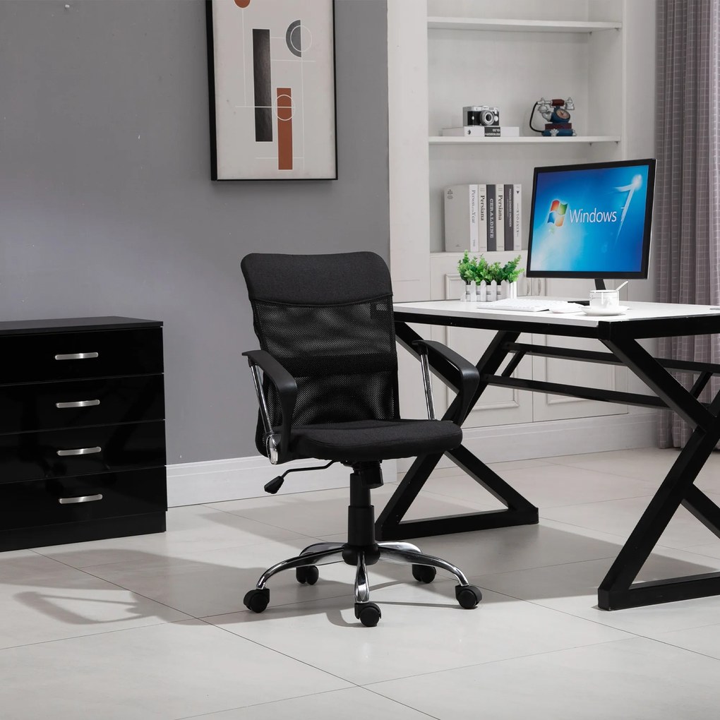 Cadeira de escritório ergonômica giratória com assento ajustável em altura, apoios de braço e rodas 57x57x93-103 cm Preto