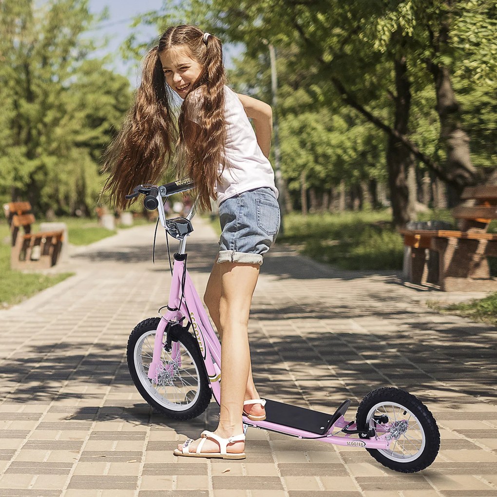 HOMCOM Trotinete para Crianças acima de 5 anos Scooter de 2 Rodas Grandes com Duplo Freio e Guidão Ajustável em Altura Adolecentes Adultos 125x58x92-100cm Rosa