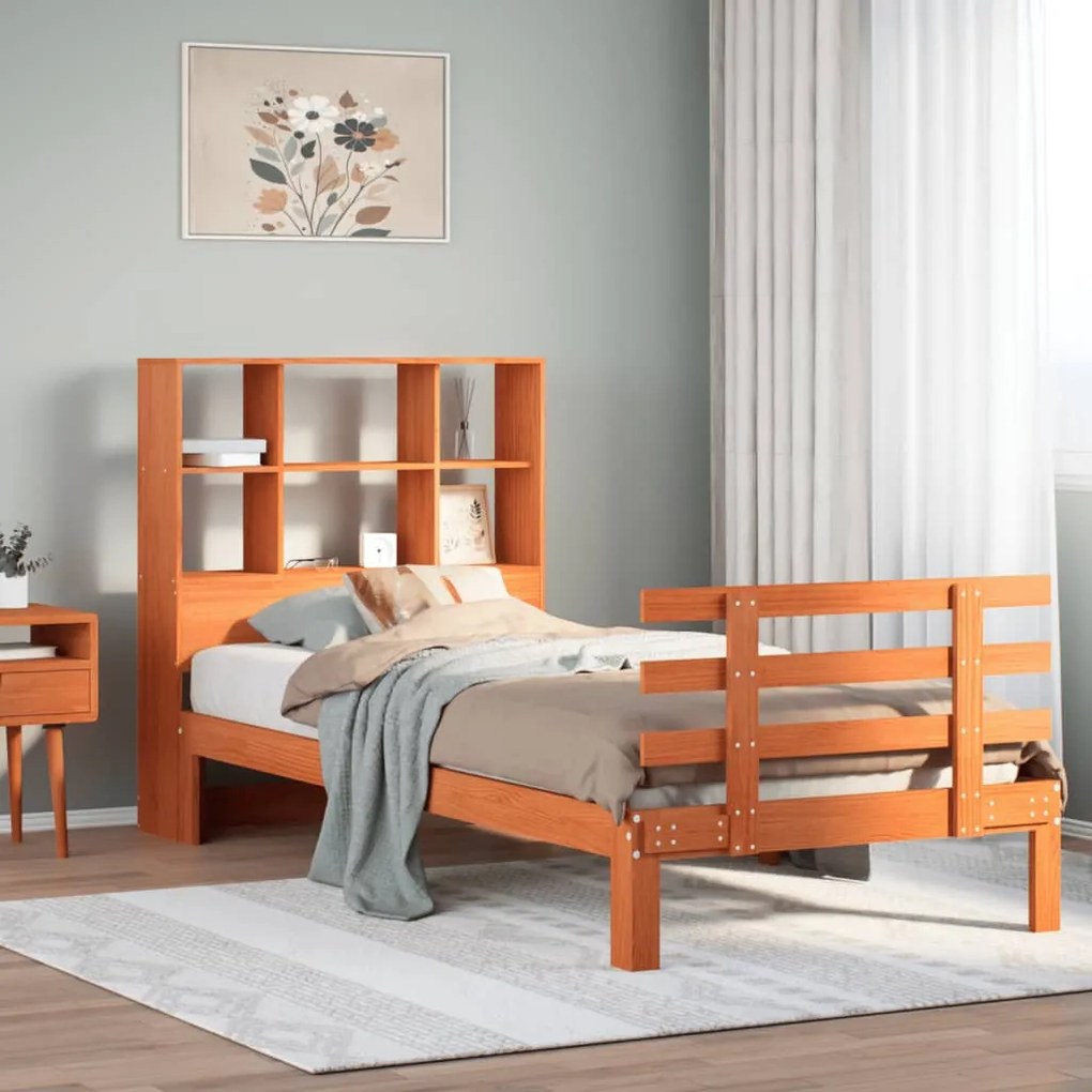 Cama c/ estante sem colchão 100x200cm pinho maciço castanho-mel