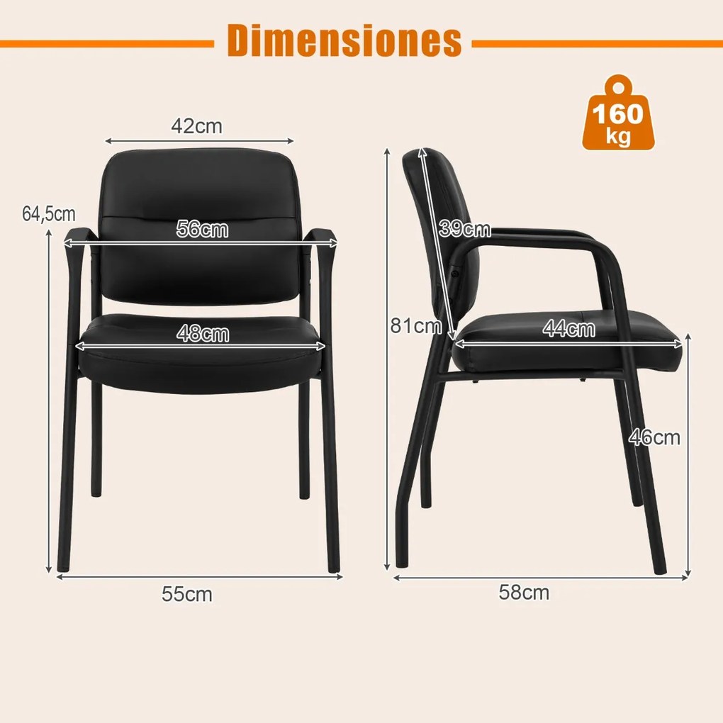 Conjunto de 2 cadeiras de receção estofadas em couro sintético misto com apoios de braços integrados para escritório, conferência e clínica Preto