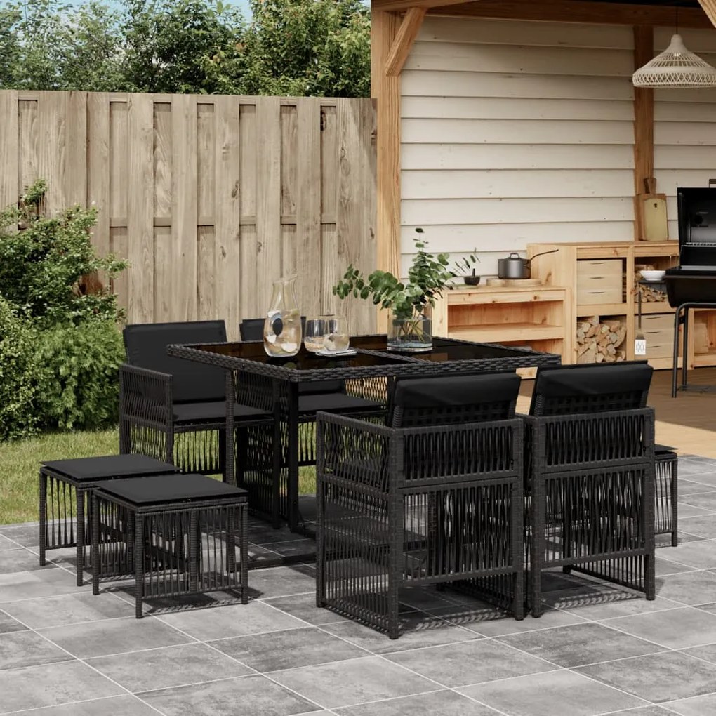 9 pcs conjunto de jantar p/ jardim c/ almofadões vime PE preto