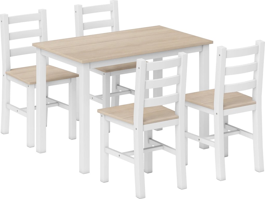 HOMCOM Conjunto de jantar 5 peças para 4 pessoas, mesa e cadeiras estilo rústico em madeira maciça, Natural/Branco | Aosom Portugal