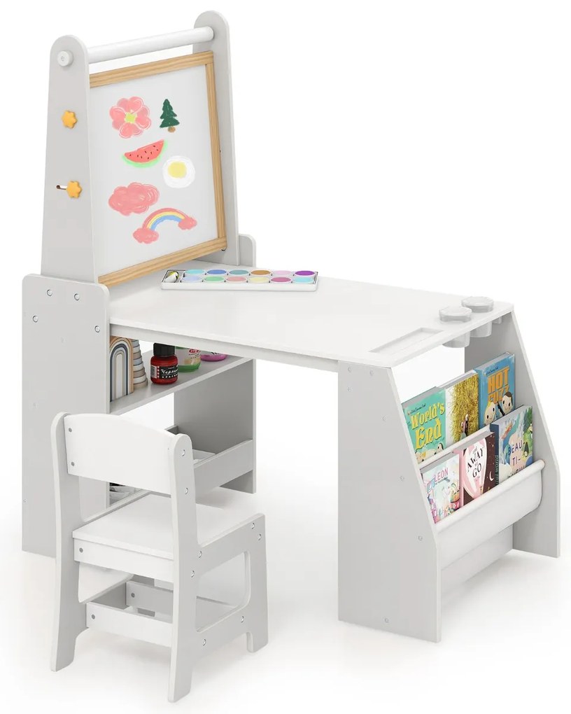 Conjunto de mesa e cadeira artística para crianças com 2 quadros, rolo de papel, copos de tinta, cavalete e cadeira multifuncional cinza e branca