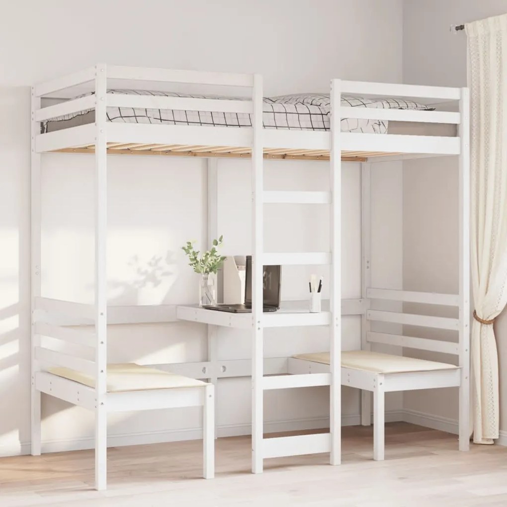 Cama alta c/ secretária/cadeiras 75x190 cm pinho maciço branco