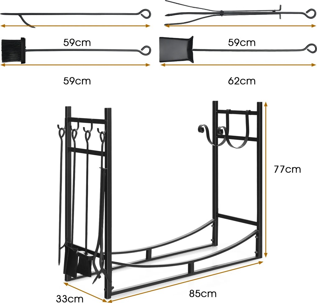 Suporte para Lenha com Ferramentas de Lareira, 85 x 33 x 77 cm, Capacidade de Carga de 80 kg, Preto