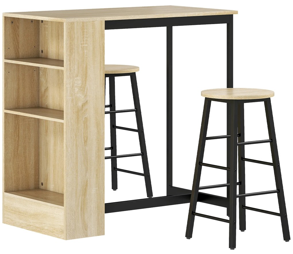 HOMCOM Conjunto mesa de bar com banquetas, compartimentos abertos, prateleira ajustável e apoio para os pés, carvalho e preto | Aosom Portugal