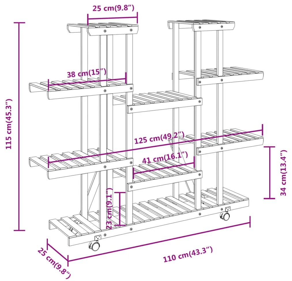 Suporte de plantas com rodas 110x25x115 cm abeto maciço