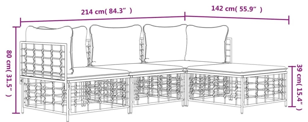 4 pcs conjunto lounge de jardim c/ almofadões vime PE antracite