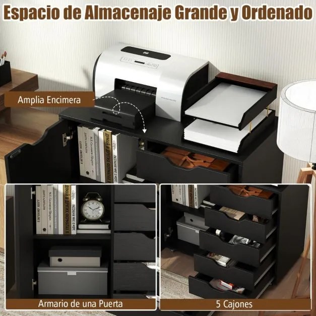 Arquivo escritório 78 x 40 x 65 cm com 5 gavetas com 4 rodas giratórias Preto