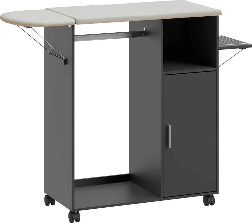 HOMCOM Móvel com Tábua de Passar com Superfície Efeito Linho, 3 Prateleiras em Cubo e Guia, 127x42.5x99 cm, Preto | Aosom Portugal