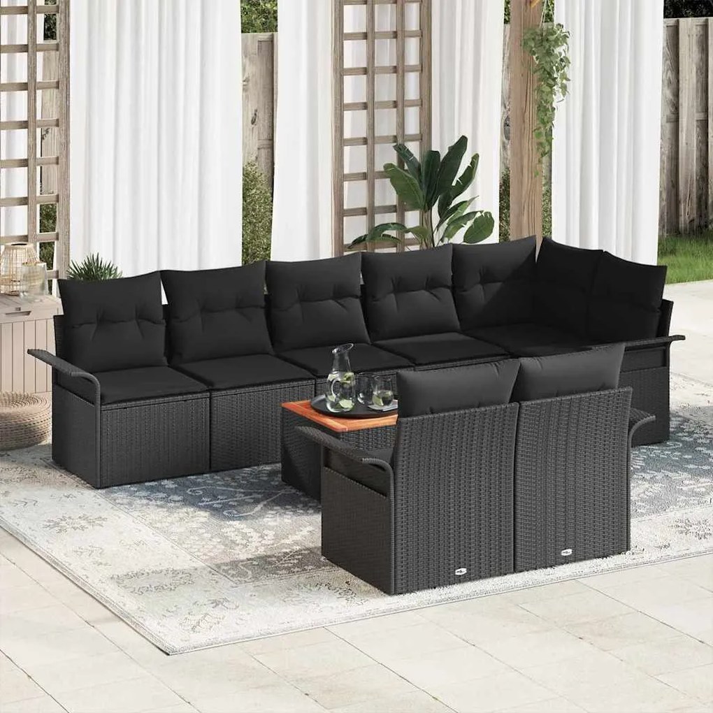 vidaXL Conjunto de Sofá de Jardim com 9 peças e almofadas em rattan preto.