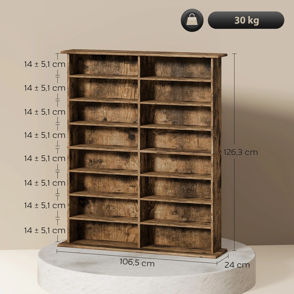 Organizador para CD e DVD 106,5 L x 24 P x 126,3 A cm com 16 compartimentos e 12 prateleiras ajustáveis, capacidade máxima de 720 CD/396 DVD e Blu-ray