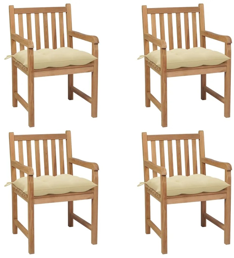 vidaXL Cadeiras de jardim c/ almofadões branco nata 4 pcs teca maciça