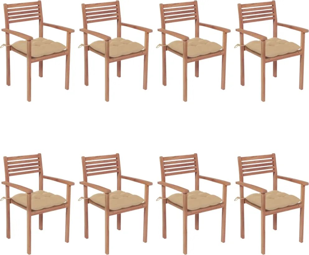 vidaXL Cadeiras de jardim empilháveis c/ almofadões 8 pcs teca maciça