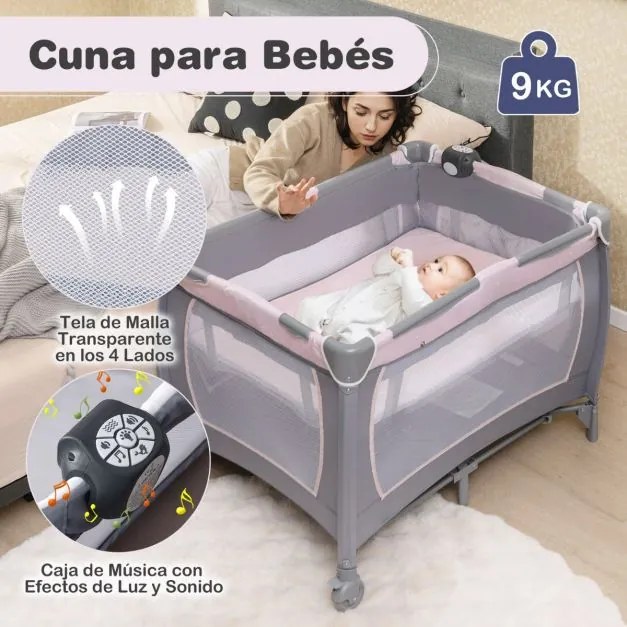 Berço dobrável e portátil 106 x 74 x 74 cm Parque infantil com berço de balanço e trocador Barra de brinquedos Caixa de música e bolsa de transporte C