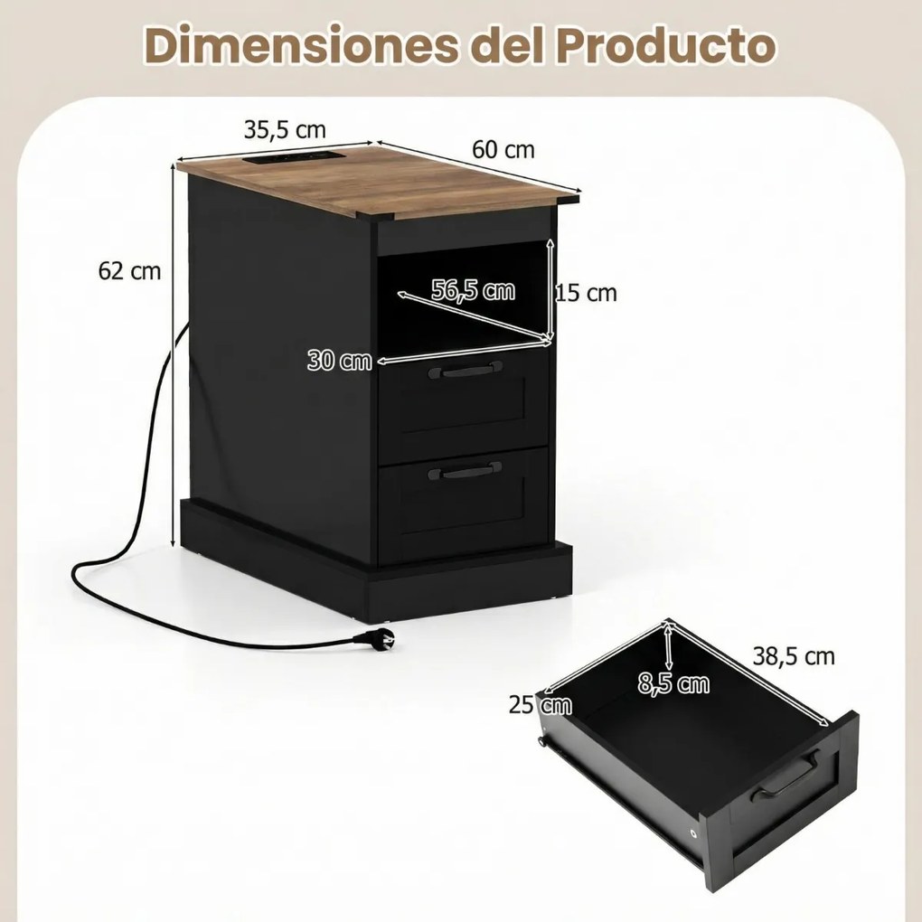 Mesa de cabeceira, mesa apoio 60 x 35,5 x 62 cm rústica com estação de carregamento com prateleira aberta e 2 gavetas para quarto e sala Preto