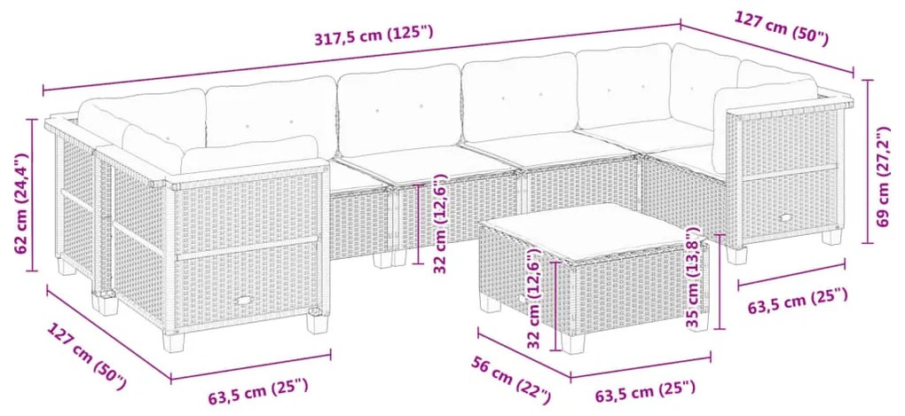 8 pcs conjunto sofás de jardim c/ almofadões vime PE cinzento