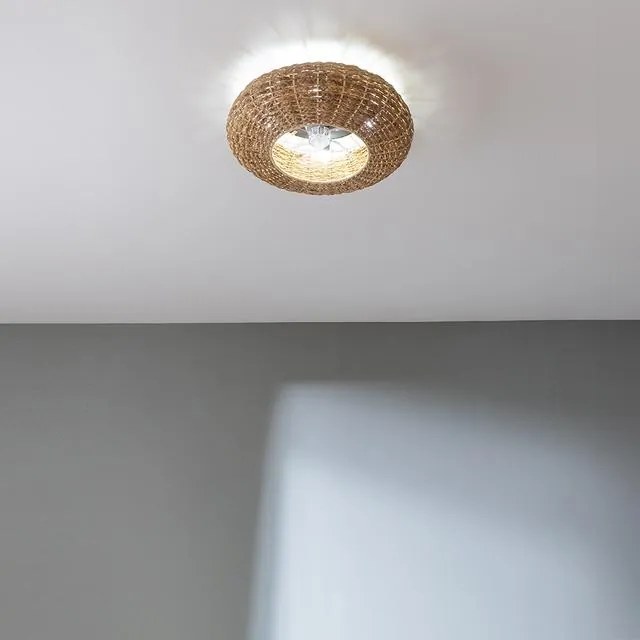 Ventoinha de teto EnergySilen LampAero 650 Natural Wicker de design com motor DC, com uma potência de 20 W e lâmpada integrada, com 5 pás de 11 polega