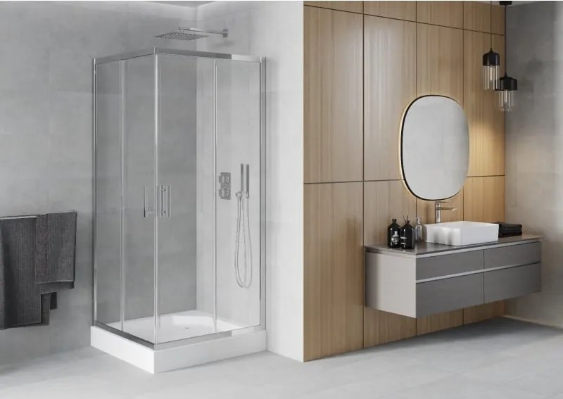 Mexen Rio cabina de duche quadrada 90 x 90 cm, transparente, cromado + base de duche, branco - 860-090-090-01-00-4510