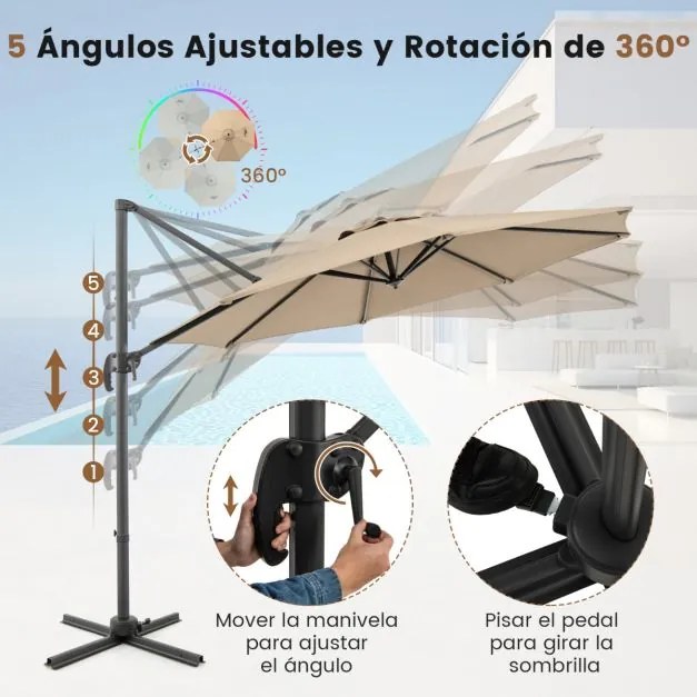 Guarda-sol redondo jardim 294 x 247 cm Guarda-sol suspenso com rotação de 360° Base cruzada 5 inclinações ajustáveis Bege