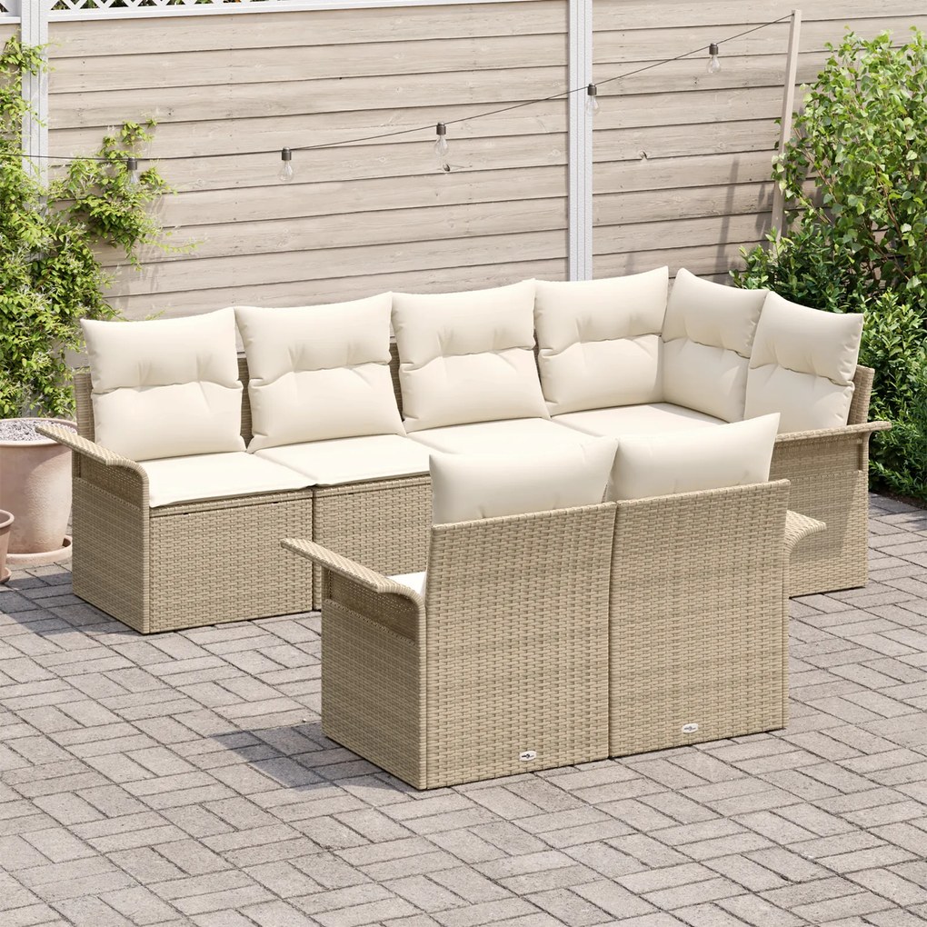 Conjunto de Sofá de Jardim vidaXL de 7 Peças com Almofadas Bege Rattan