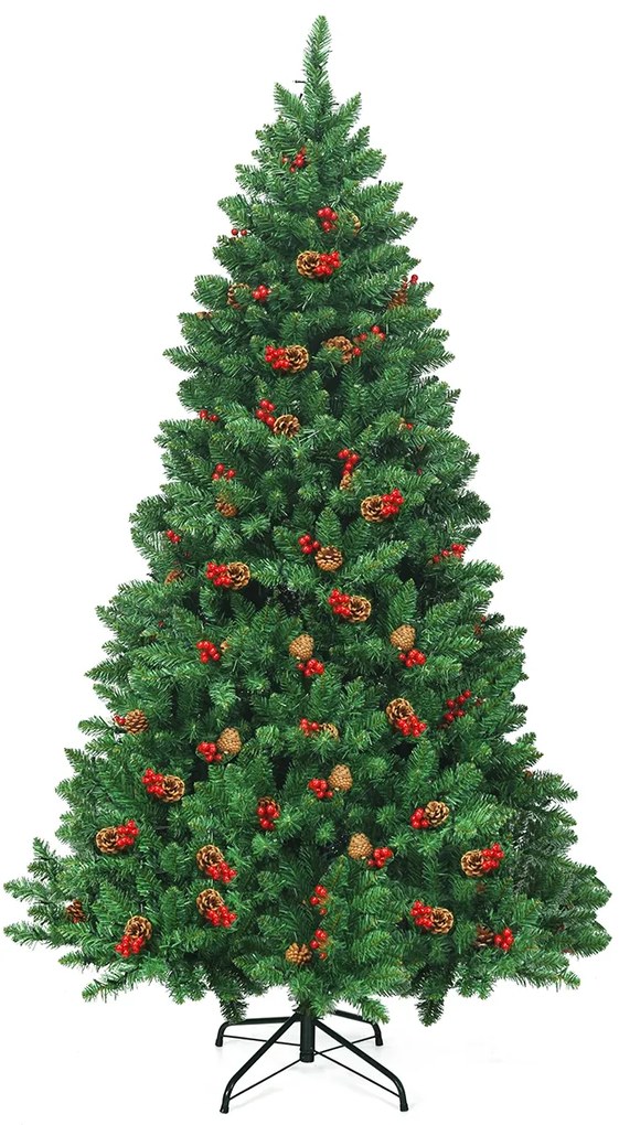 Árvore de Natal iluminada de 2 m com 1100 ramos de pinhas decorativas e bagas vermelhas para casa, escritório, lojas e hotéis Verde