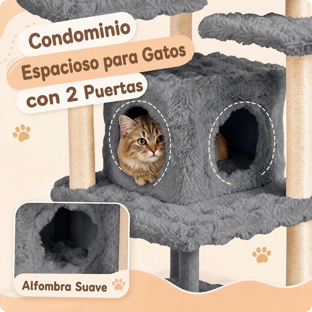 Arranhador para Gatos com Vários Níveis, 86 x 82 x 170 cm, Postes de Sisal, Cinzento