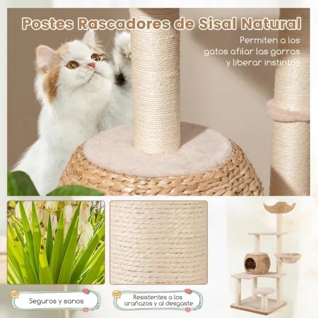 Arranhador para gatos 150 CM Torre para gatos de 5 camadas com postes de arranhar de sisal Poleiro de sisal Condomínio  Almofadas laváveis Bege