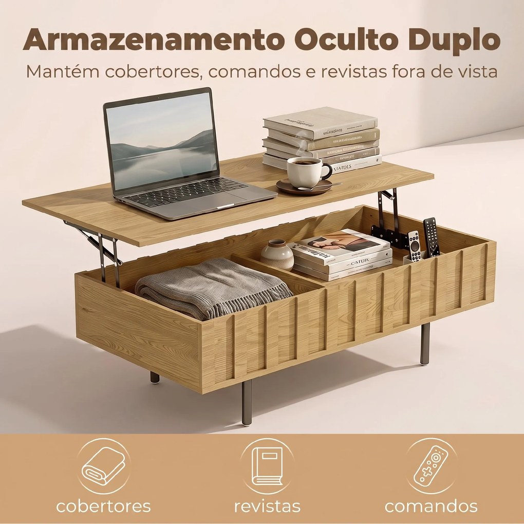 Mesa de Centro Elevatória com 2 Compartimentos Ocultos e Pés Metálicos 110x55x36,5 cm cor Carvalho
